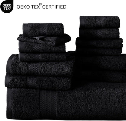 16 Piece Bath Towels - Black Towels - 100% Cotton Towels for Bathroom, Luxury Bath Towels, Highly Absorbent Bathroom Towel Set, 4 Bath Towels, 4 Hand Towels, 8 Wash Cloths - Black