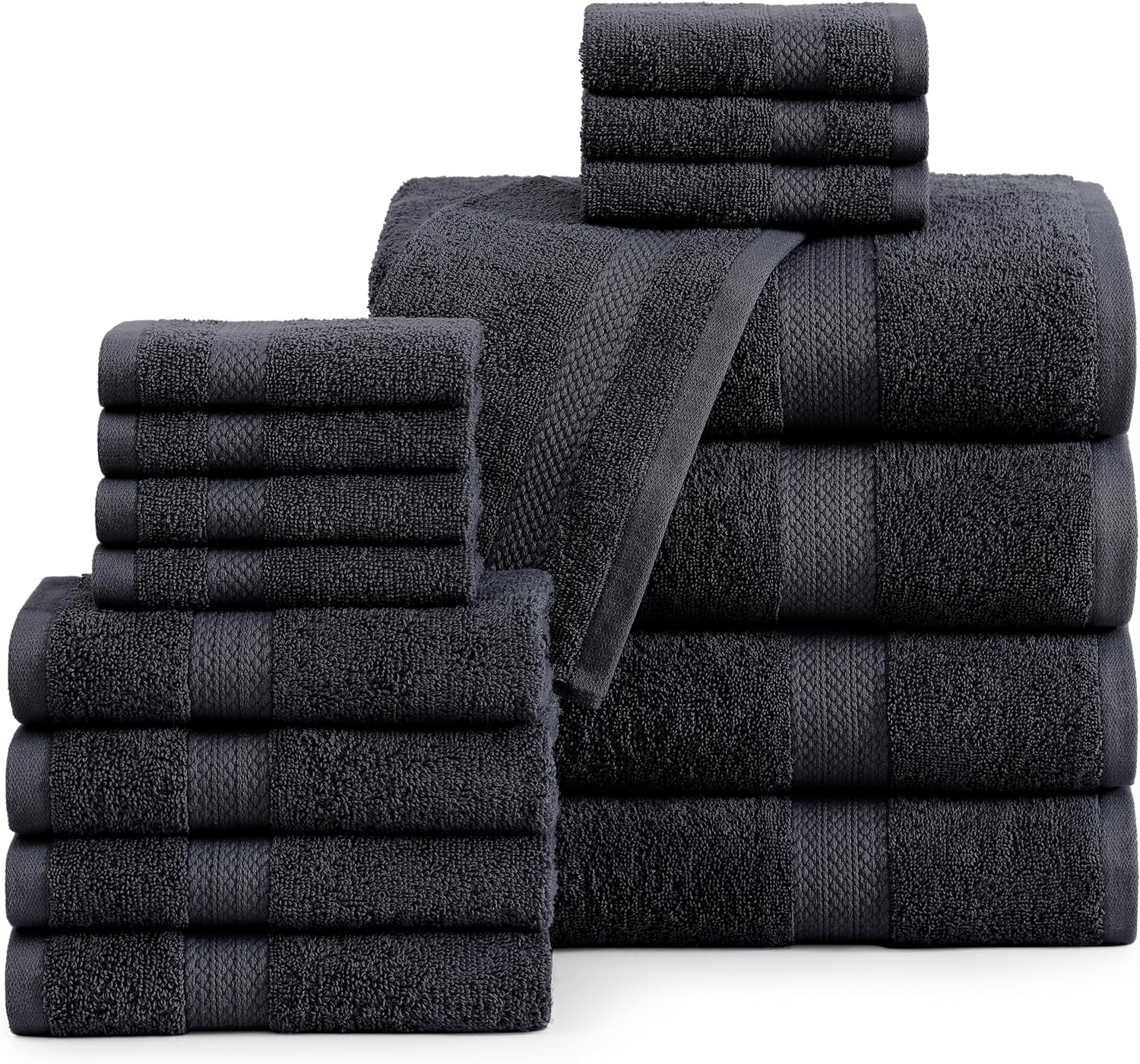 16 Piece Bath Towels - Black Towels - 100% Cotton Towels for Bathroom, Luxury Bath Towels, Highly Absorbent Bathroom Towel Set, 4 Bath Towels, 4 Hand Towels, 8 Wash Cloths - Black