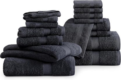 16 Piece Bath Towels - Black Towels - 100% Cotton Towels for Bathroom, Luxury Bath Towels, Highly Absorbent Bathroom Towel Set, 4 Bath Towels, 4 Hand Towels, 8 Wash Cloths - Black