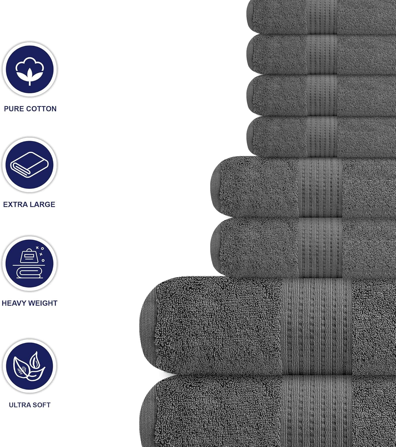 Prestige 8 Piece Towels Set, 2 Extra Large Bath Towels XL 30 X 60 Inches, 2 Hand Towels, 4 Washcloths, 100% Cotton, Heavy, Absorbent and Ultra Soft Towels for Bathroom (Dark Grey)