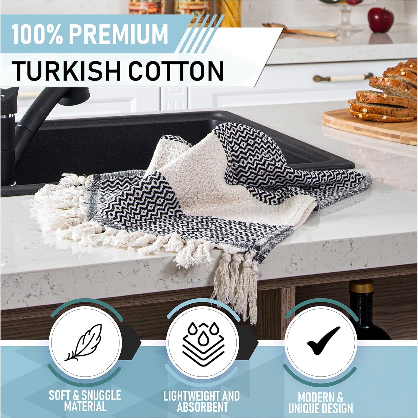 Turkish Hand Towels for Bathroom | 2 Pcs Bathroom Hand Towels | 100% Cotton Decorative Kitchen Towels | 16X35 Boho Hand Towels | Oeko-Tex Certified Black Hand Towels