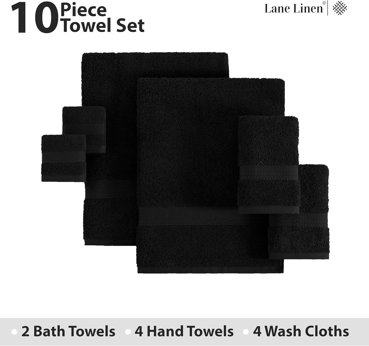 100% Cotton Bath Towels Set of 10, 2 Large Bathroom Towels, 4 Soft Hand Towels for Bathroom, 4 Wash Towels for Body, Large Gym Shower Towels Hotel Quality, Absorbent Towels - Black