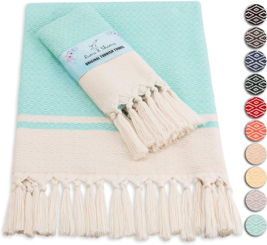 Rumi & Shams Turkish Hand Towels for Bathroom | 2 Pcs Farmhouse Hand Towels | 16 X 32 Inches Boho Hand Towels | 100% Cotton Turkish Kitchen Towels | Aqua Hand Towels (Aqua)