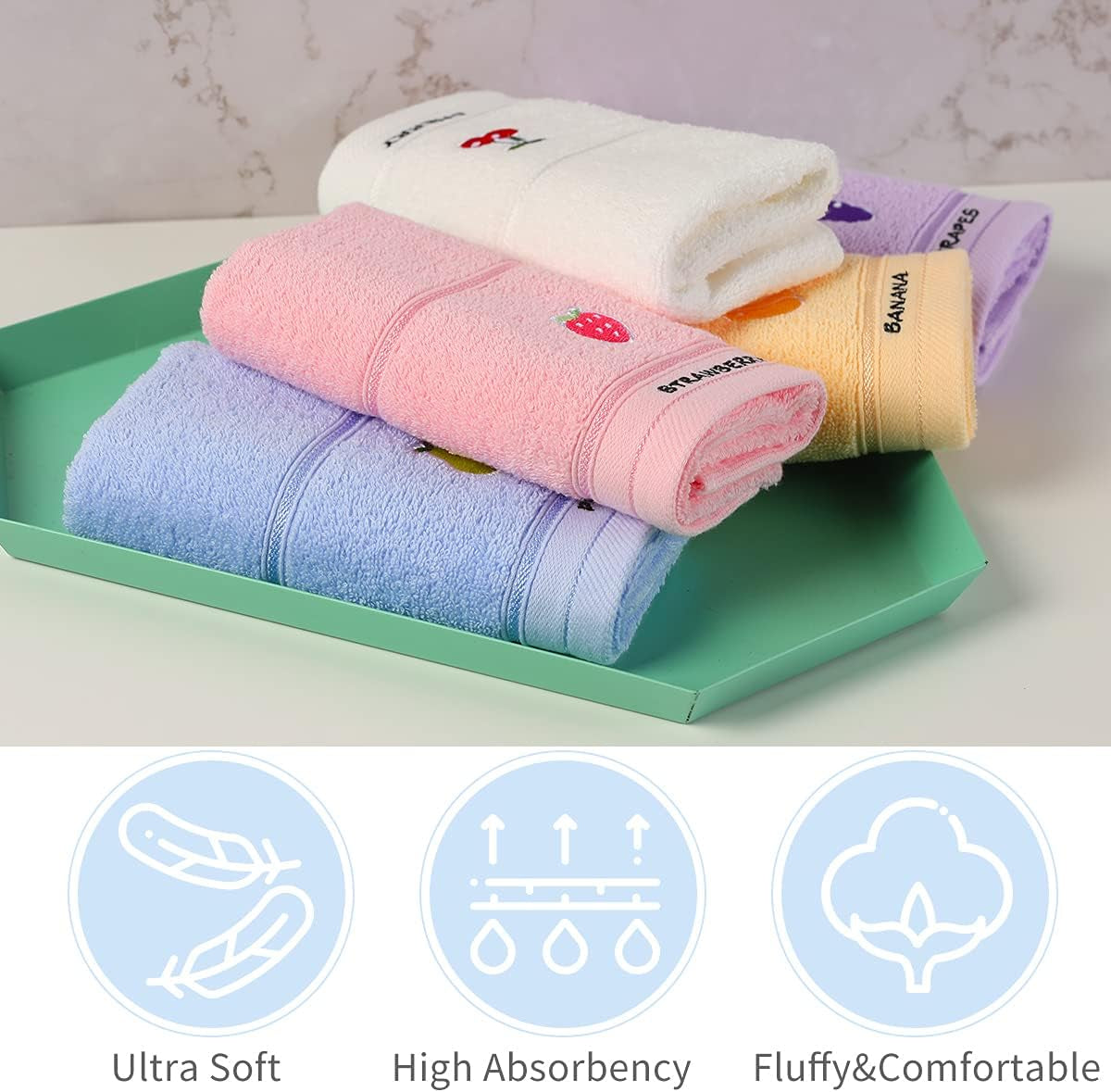 100Percentage Cotton Kids Facial Towels, Hand Towels and Fingertip Towels for Bathroom Towels Set Embroidered Cute Animal Pattern Children Washcloths 10Inch X 20Inch