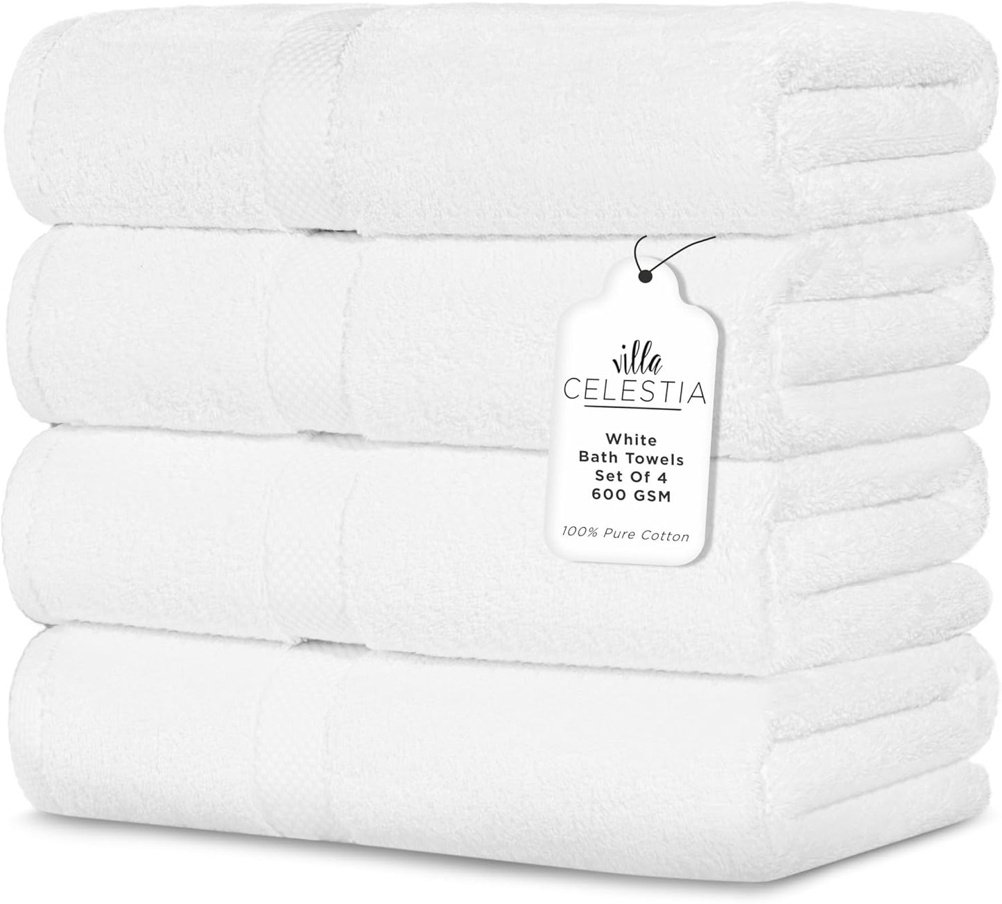 600 GSM 100% Cotton Bath Towels, White, Set of 4, Highly Absorbent, Plush, Soft, Quick Dry, 4 Pieces Combed Cotton Luxury Towels for Hotels, Spa, Salon, Bathroom, Dorm, Pack of 4