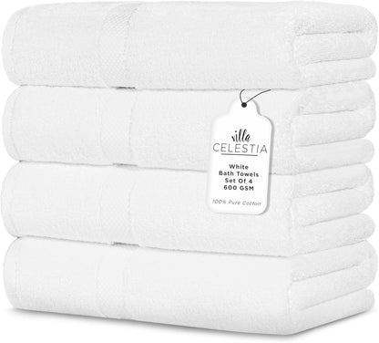 600 GSM 100% Cotton Bath Towels, White, Set of 4, Highly Absorbent, Plush, Soft, Quick Dry, 4 Pieces Combed Cotton Luxury Towels for Hotels, Spa, Salon, Bathroom, Dorm, Pack of 4