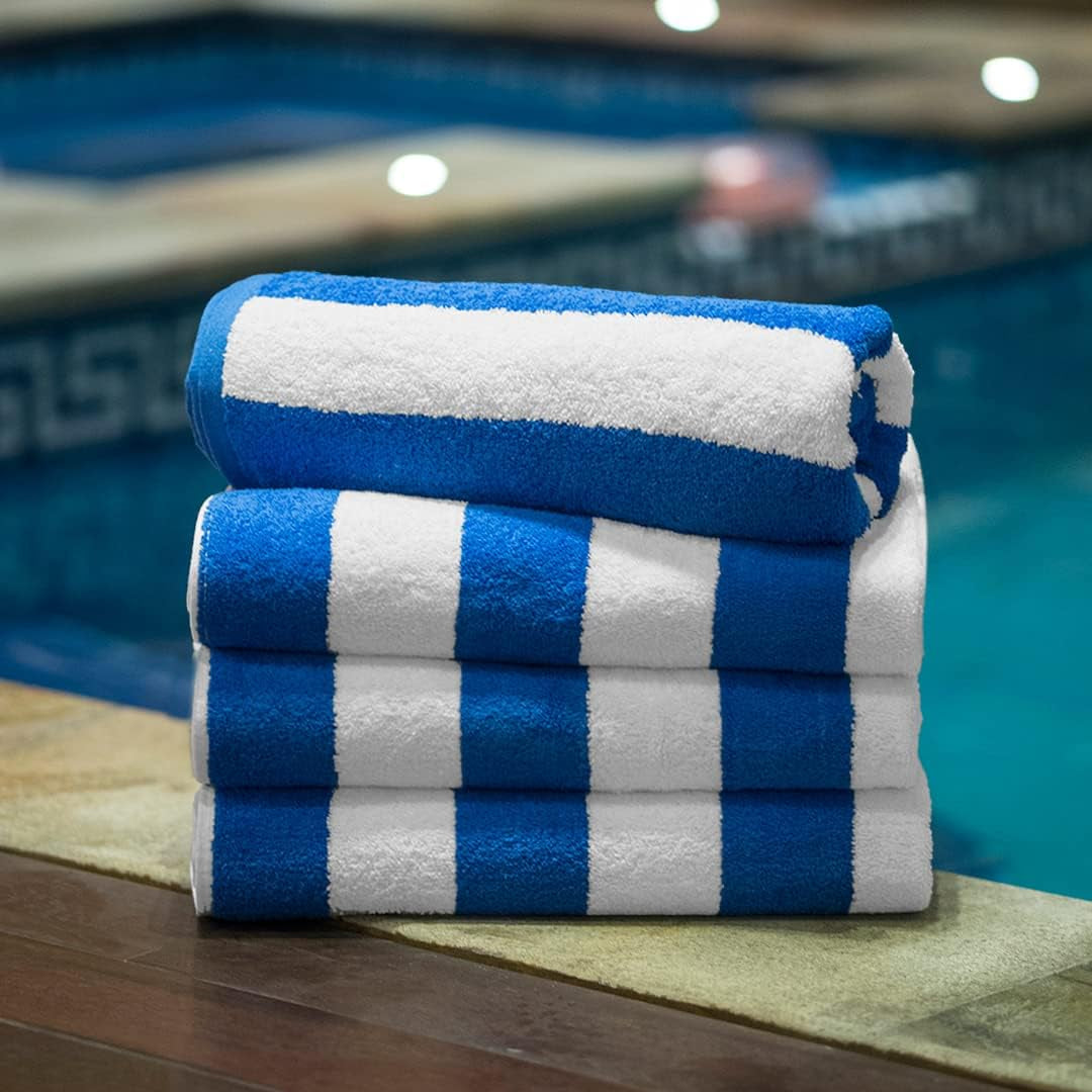 Cabana Beach Towels 4 Pack (Size 30X60) Inches Oversized, 100% Ring Spun Cotton, Highly Absorbent Large Pool Towels, Super Soft and Quick Drying, Perfect for Gifts (Blue Stripe)