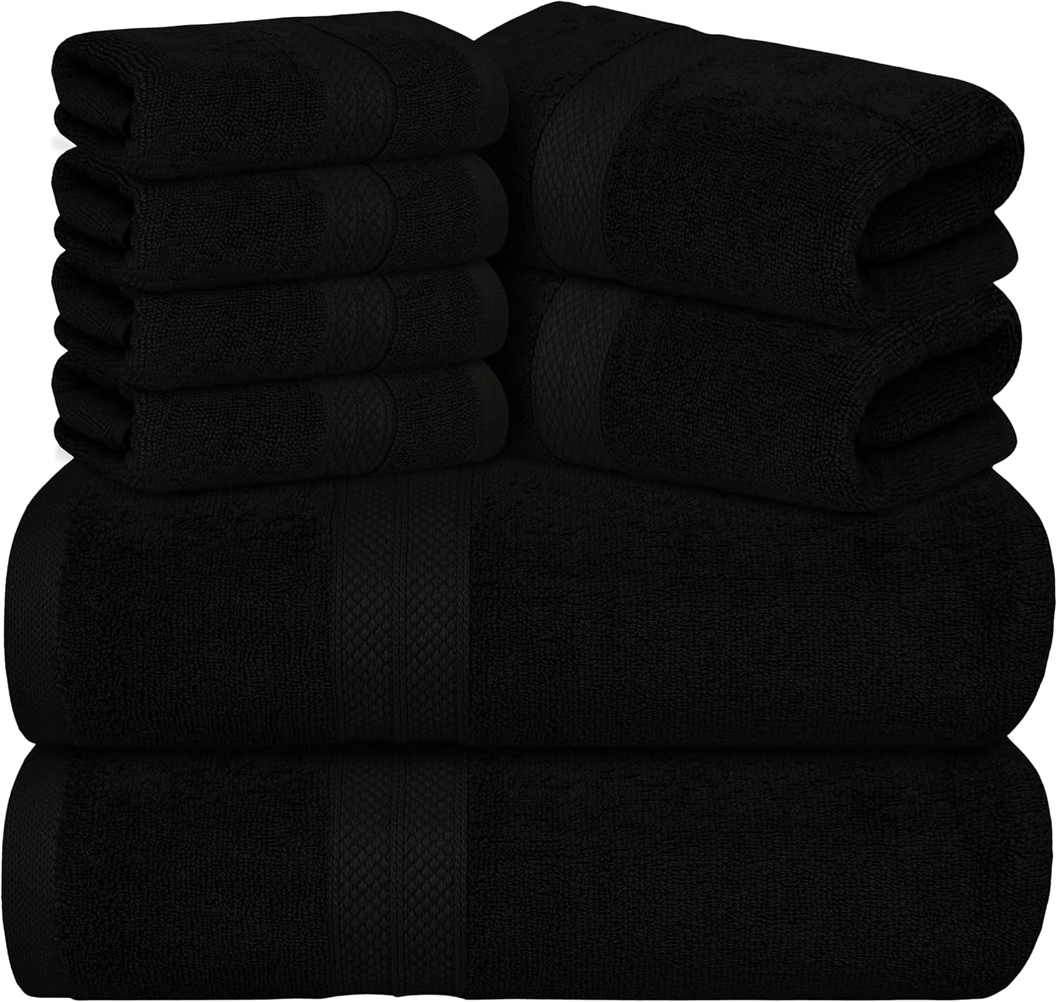 Luxury 8 Piece Towels Set, 2 Bath Towels, 2 Hand Towels and 4 Washcloths, 600 GSM 100% Ring Spun Cotton Highly Absorbent Bathroom Towel Set, Ideal for Hotel, Spa and Gym (Black)