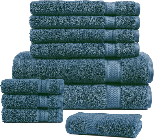 100% Cotton Bath Towels Set of 10, 2 Large Bath Towels, 4 Soft Hand Towels for Bathroom, 4 Wash Towels for Body, Large Gym Towels Hotel Quality, Absorbent Towels Quick Dry- Denim Blue