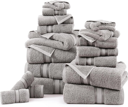 Bath Towels for Bathroom - 100% Cotton Towel Set, Soft Bath Set- 6 Bathroom Towels, 6 Hand Towels, 6 Wash Cloths, Quick Dry, Highly Absorbent Shower Towels - 18 Piece Set Grey