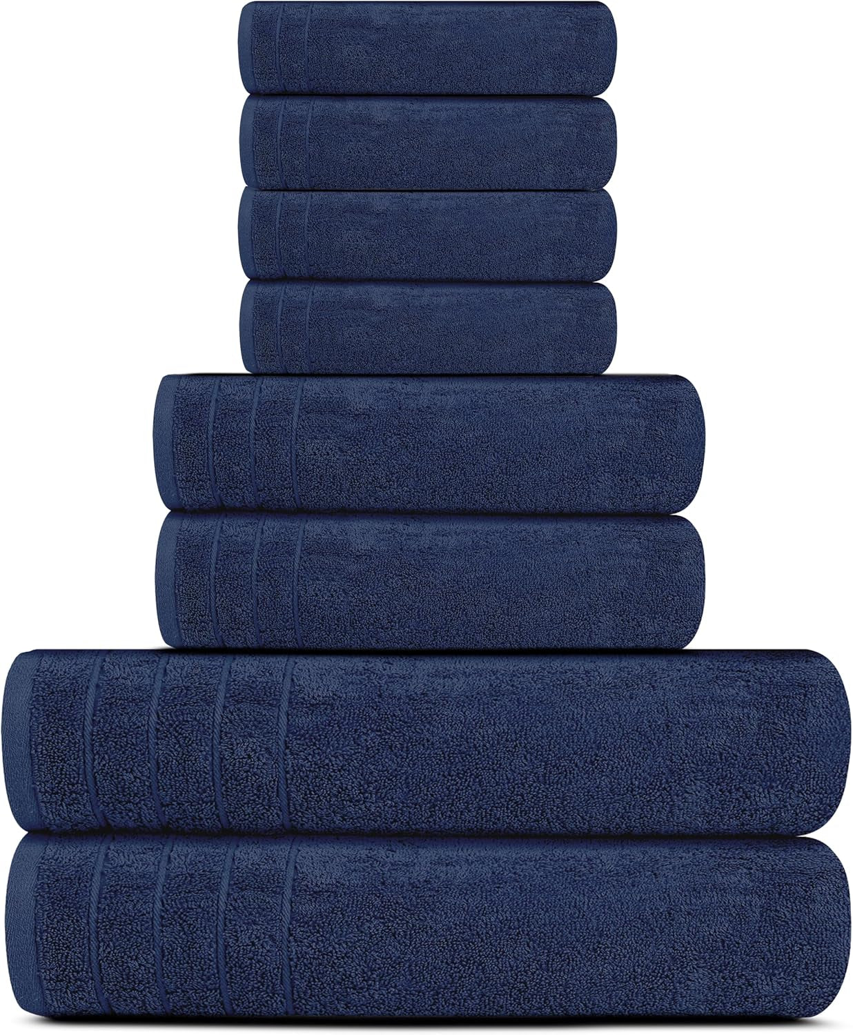 Pack of 8 Towels Set, 2 Extra Large Bath, 2 Hand, 4 Washcloths, 100% Cotton, Lighter Weight, Quicker to Dry, Super Absorbent, Perfect for Bathroom, Navy