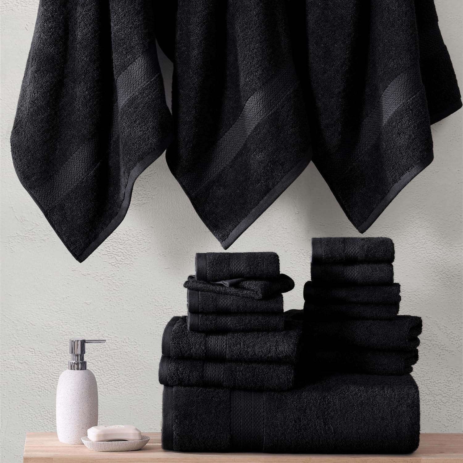 16 Piece Bath Towels - Black Towels - 100% Cotton Towels for Bathroom, Luxury Bath Towels, Highly Absorbent Bathroom Towel Set, 4 Bath Towels, 4 Hand Towels, 8 Wash Cloths - Black