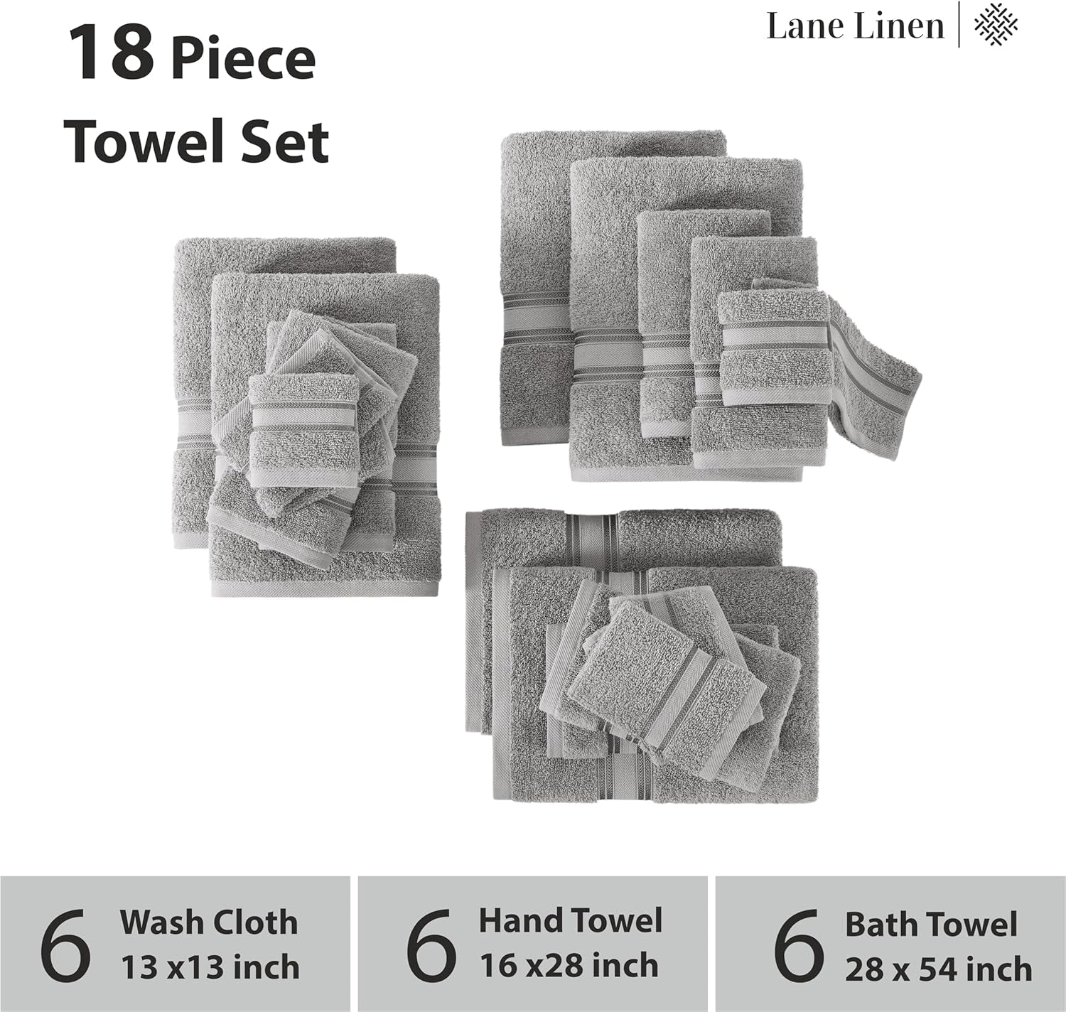 Bath Towels for Bathroom - 100% Cotton Towel Set, Soft Bath Set- 6 Bathroom Towels, 6 Hand Towels, 6 Wash Cloths, Quick Dry, Highly Absorbent Shower Towels - 18 Piece Set Grey