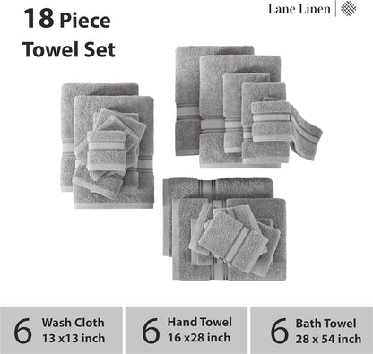 Bath Towels for Bathroom - 100% Cotton Towel Set, Soft Bath Set- 6 Bathroom Towels, 6 Hand Towels, 6 Wash Cloths, Quick Dry, Highly Absorbent Shower Towels - 18 Piece Set Grey