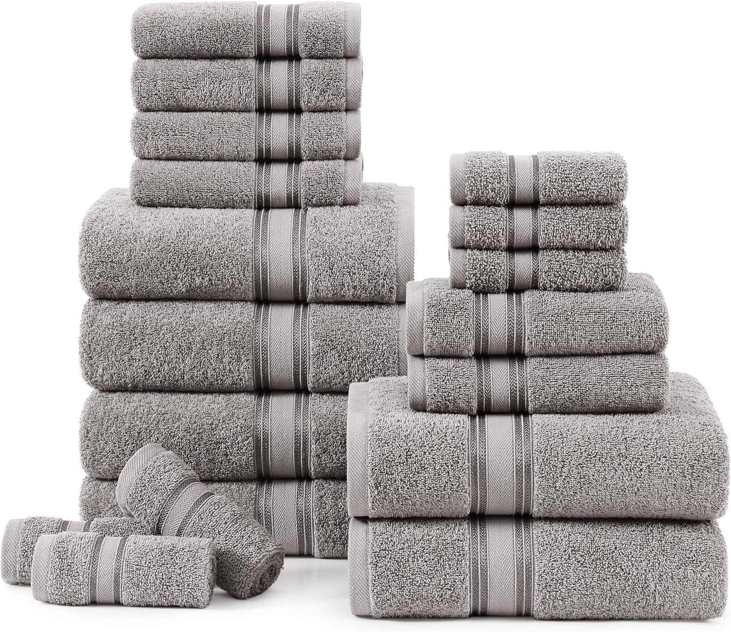 Bath Towels for Bathroom - 100% Cotton Towel Set, Soft Bath Set- 6 Bathroom Towels, 6 Hand Towels, 6 Wash Cloths, Quick Dry, Highly Absorbent Shower Towels - 18 Piece Set Grey