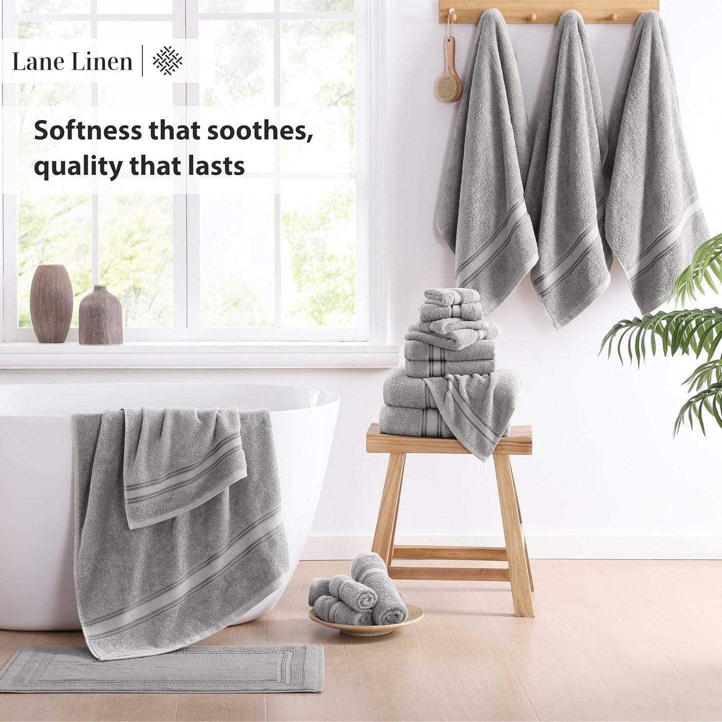 Bath Towels for Bathroom - 100% Cotton Towel Set, Soft Bath Set- 6 Bathroom Towels, 6 Hand Towels, 6 Wash Cloths, Quick Dry, Highly Absorbent Shower Towels - 18 Piece Set Grey