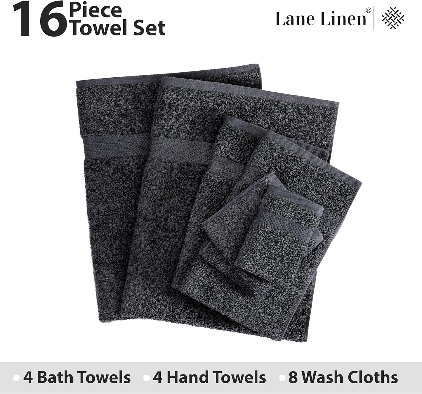 16 Piece Bath Towels - Black Towels - 100% Cotton Towels for Bathroom, Luxury Bath Towels, Highly Absorbent Bathroom Towel Set, 4 Bath Towels, 4 Hand Towels, 8 Wash Cloths - Black