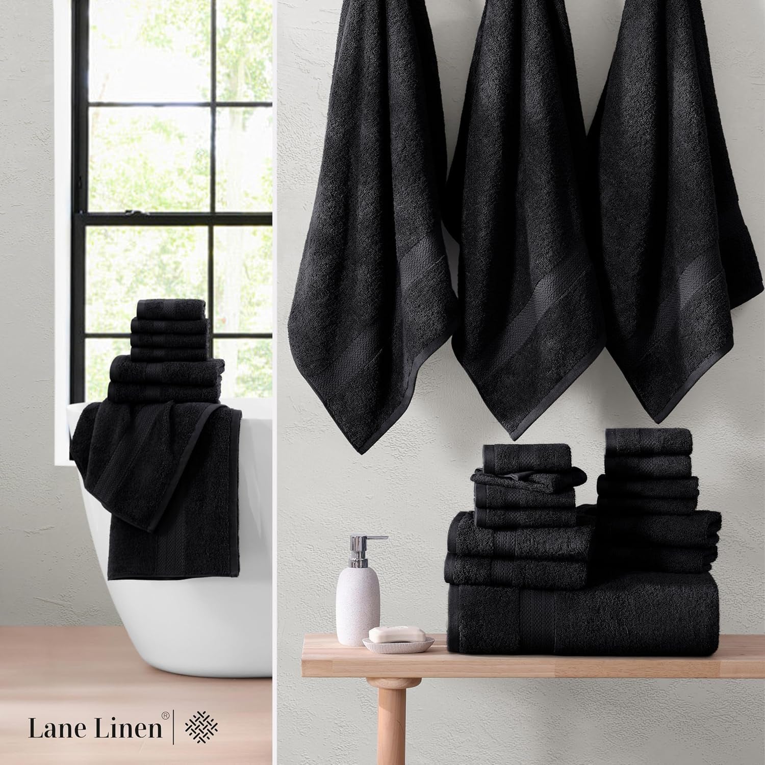 100% Cotton Bath Towels Set of 10, 2 Large Bathroom Towels, 4 Soft Hand Towels for Bathroom, 4 Wash Towels for Body, Large Gym Shower Towels Hotel Quality, Absorbent Towels - Black