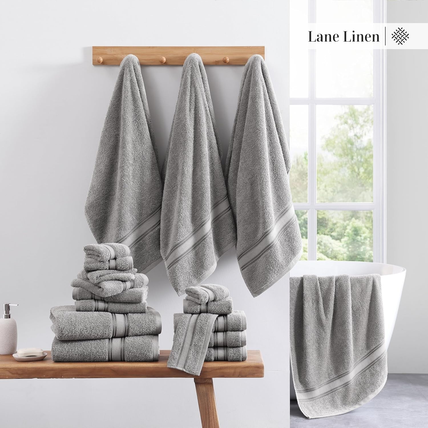 Bath Towels for Bathroom - 100% Cotton Towel Set, Soft Bath Set- 6 Bathroom Towels, 6 Hand Towels, 6 Wash Cloths, Quick Dry, Highly Absorbent Shower Towels - 18 Piece Set Grey