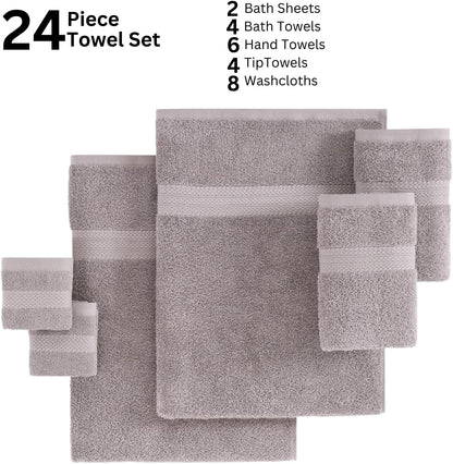 24 Piece Luxury Towels Set - 100% Cotton Towels for Bathroom, 4 Oversized Bath Towels, 2 Bath Sheets Extra Large, 6 Hand Towels, 8 Wash Cloths for Your Face, 4 Fingertip Towels - Platinum