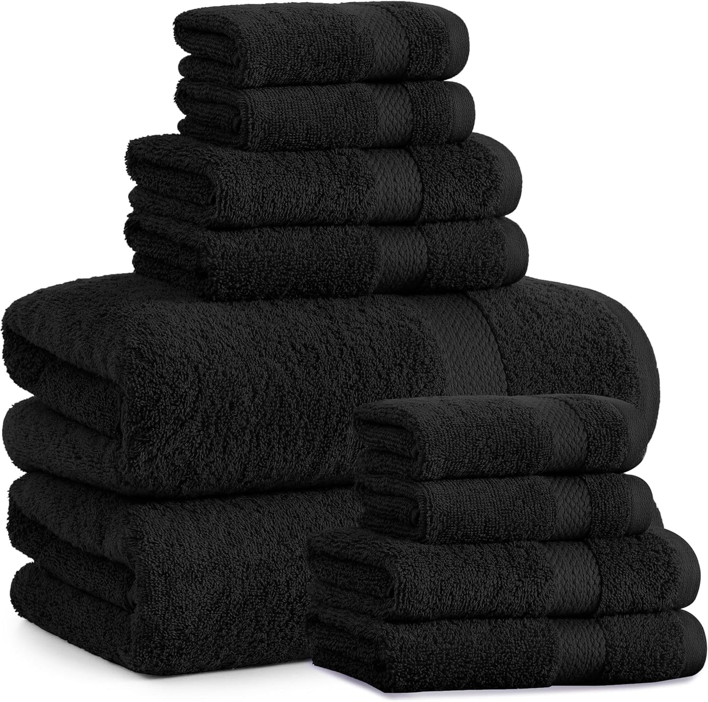 100% Cotton Bath Towels Set of 10, 2 Large Bathroom Towels, 4 Soft Hand Towels for Bathroom, 4 Wash Towels for Body, Large Gym Shower Towels Hotel Quality, Absorbent Towels - Black