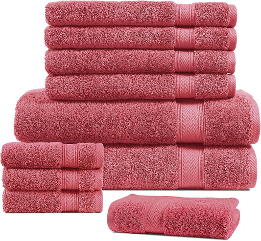 100% Cotton Bath Towels Set of 10, 2 Large Bathroom Towels, 4 Soft Hand Towels for Bathroom, 4 Wash Towels for Body, Large Shower Towels Hotel Quality, Super Absorbent Towels - Biking Red